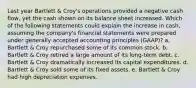 Last year Bartlett & Croy's operations provided a negative cash flow, yet the cash shown on its balance sheet increased. Which of the following statements could explain the increase in cash, assuming the company's financial statements were prepared under generally accepted accounting principles (GAAP)? a. Bartlett & Croy repurchased some of its common stock. b. Bartlett & Croy retired a large amount of its long-term debt. c. Bartlett & Croy dramatically increased its capital expenditures. d. Bartlett & Croy sold some of its fixed assets. e. Bartlett & Croy had high depreciation expenses.