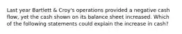 Last year Bartlett & Croy's operations provided a negative cash flow, yet the cash shown on its balance sheet increased. Which of the following statements could explain the increase in cash?