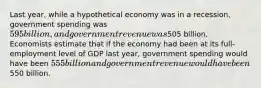 Last year, while a hypothetical economy was in a recession, government spending was 595 billion, and government revenue was505 billion. Economists estimate that if the economy had been at its full-employment level of GDP last year, government spending would have been 555 billion and government revenue would have been550 billion.