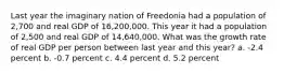 Last year the imaginary nation of Freedonia had a population of 2,700 and real GDP of 16,200,000. This year it had a population of 2,500 and real GDP of 14,640,000. What was the growth rate of real GDP per person between last year and this year? a. -2.4 percent b. -0.7 percent c. 4.4 percent d. 5.2 percent