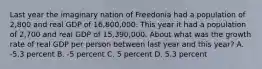 Last year the imaginary nation of Freedonia had a population of 2,800 and real GDP of 16,800,000. This year it had a population of 2,700 and real GDP of 15,390,000. About what was the growth rate of real GDP per person between last year and this year? A. -5.3 percent B. -5 percent C. 5 percent D. 5.3 percent