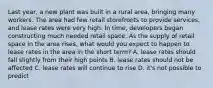 Last year, a new plant was built in a rural area, bringing many workers. The area had few retail storefronts to provide services, and lease rates were very high. In time, developers began constructing much needed retail space. As the supply of retail space in the area rises, what would you expect to happen to lease rates in the area in the short term? A. lease rates should fall slightly from their high points B. lease rates should not be affected C. lease rates will continue to rise D. it's not possible to predict