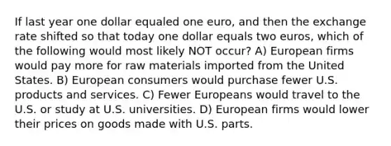 If last year one dollar equaled one euro, and then the exchange rate shifted so that today one dollar equals two euros, which of the following would most likely NOT occur? A) European firms would pay more for raw materials imported from the United States. B) European consumers would purchase fewer U.S. products and services. C) Fewer Europeans would travel to the U.S. or study at U.S. universities. D) European firms would lower their prices on goods made with U.S. parts.