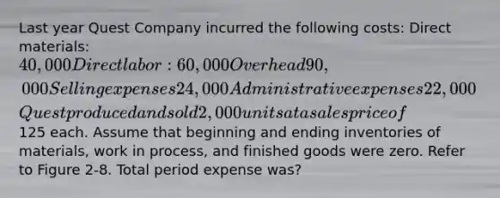 Last year Quest Company incurred the following costs: Direct materials: 40,000 Direct labor: 60,000 Overhead 90,000 Selling expenses 24,000 Administrative expenses 22,000 ​ Quest produced and sold 2,000 units at a sales price of125 each. Assume that beginning and ending inventories of materials, work in process, and finished goods were zero. Refer to Figure 2-8. Total period expense was?