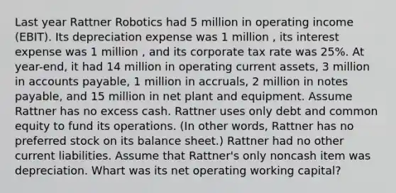 Last year Rattner Robotics had 5 million in operating income (EBIT). Its depreciation expense was 1 million , its interest expense was 1 million , and its corporate tax rate was 25%. At year-end, it had 14 million in operating current assets, 3 million in accounts payable, 1 million in accruals, 2 million in notes payable, and 15 million in net plant and equipment. Assume Rattner has no excess cash. Rattner uses only debt and common equity to fund its operations. (In other words, Rattner has no preferred stock on its balance sheet.) Rattner had no other current liabilities. Assume that Rattner's only noncash item was depreciation. Whart was its net operating working capital?