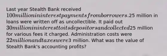 Last year Stealth Bank received 100 million in interest payments from borrowers.25 million in loans were written off as uncollectible. It paid out 30 million in interest to its depositors and collected25 million for various fees it charged. Administration costs were 22 million and taxes were3 million. What was the value of Stealth Bank's accounting profits?