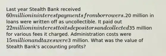 Last year Stealth Bank received 60 million in interest payments from borrowers.20 million in loans were written off as uncollectible. It paid out 22 million in interest to its depositors and collected35 million for various fees it charged. Administration costs were 15 million and taxes were3 million. What was the value of Stealth Bank's accounting profits?