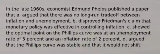 In the late 1960s, economist Edmund Phelps published a paper that a. argued that there was no long-run tradeoff between inflation and unemployment. b. disproved Friedman's claim that monetary policy was effective in controlling inflation. c. showed the optimal point on the Phillips curve was at an unemployment rate of 5 percent and an inflation rate of 2 percent. d. argued that the Phillips curve was stable and that it would not shift.