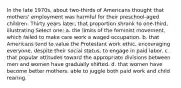 In the late 1970s, about two-thirds of Americans thought that mothers' employment was harmful for their preschool-aged children. Thirty years later, that proportion shrank to one-third, illustrating Select one: a. the limits of the feminist movement, which failed to make care work a waged occupation. b. that Americans tend to value the Protestant work ethic, encouraging everyone, despite their social status, to engage in paid labor. c. that popular attitudes toward the appropriate divisions between men and women have gradually shifted. d. that women have become better mothers, able to juggle both paid work and child rearing.