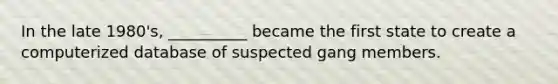 In the late 1980's, __________ became the first state to create a computerized database of suspected gang members.