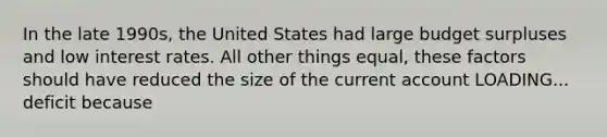 In the late​ 1990s, the United States had large budget surpluses and low interest rates. All other things​ equal, these factors should have reduced the size of the current account LOADING... deficit because