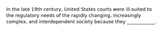 In the late 19th century, United States courts were ill-suited to the regulatory needs of the rapidly changing, increasingly complex, and interdependent society because they ____________.