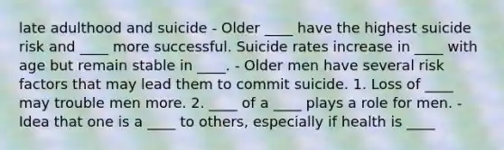 late adulthood and suicide - Older ____ have the highest suicide risk and ____ more successful. Suicide rates increase in ____ with age but remain stable in ____. - Older men have several risk factors that may lead them to commit suicide. 1. Loss of ____ may trouble men more. 2. ____ of a ____ plays a role for men. - Idea that one is a ____ to others, especially if health is ____