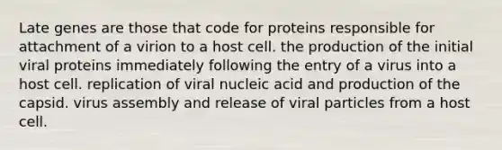 Late genes are those that code for proteins responsible for attachment of a virion to a host cell. the production of the initial viral proteins immediately following the entry of a virus into a host cell. replication of viral nucleic acid and production of the capsid. virus assembly and release of viral particles from a host cell.