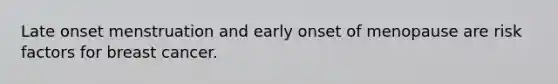 Late onset menstruation and early onset of menopause are risk factors for breast cancer.