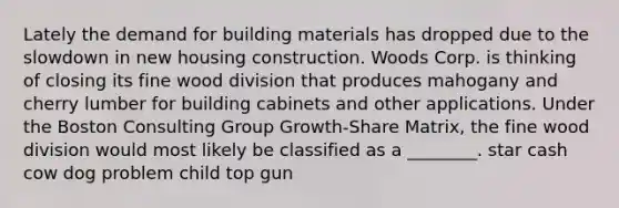 Lately the demand for building materials has dropped due to the slowdown in new housing construction. Woods Corp. is thinking of closing its fine wood division that produces mahogany and cherry lumber for building cabinets and other applications. Under the Boston Consulting Group Growth-Share Matrix, the fine wood division would most likely be classified as a ________. star cash cow dog problem child top gun