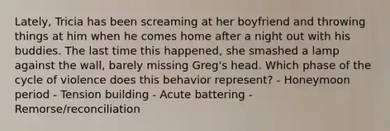 Lately, Tricia has been screaming at her boyfriend and throwing things at him when he comes home after a night out with his buddies. The last time this happened, she smashed a lamp against the wall, barely missing Greg's head. Which phase of the cycle of violence does this behavior represent? - Honeymoon period - Tension building - Acute battering - Remorse/reconciliation