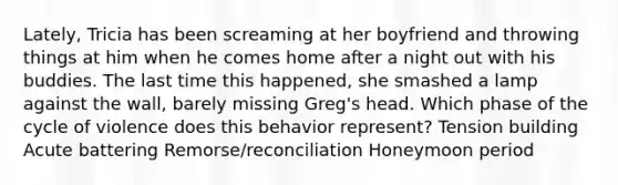 Lately, Tricia has been screaming at her boyfriend and throwing things at him when he comes home after a night out with his buddies. The last time this happened, she smashed a lamp against the wall, barely missing Greg's head. Which phase of the cycle of violence does this behavior represent? Tension building Acute battering Remorse/reconciliation Honeymoon period