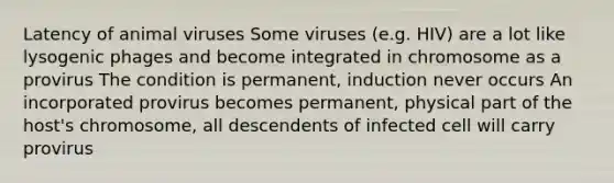 Latency of animal viruses Some viruses (e.g. HIV) are a lot like lysogenic phages and become integrated in chromosome as a provirus The condition is permanent, induction never occurs An incorporated provirus becomes permanent, physical part of the host's chromosome, all descendents of infected cell will carry provirus