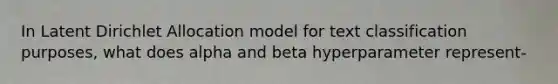 In Latent Dirichlet Allocation model for text classification purposes, what does alpha and beta hyperparameter represent-