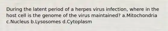 During the latent period of a herpes virus infection, where in the host cell is the genome of the virus maintained? a.Mitochondria c.Nucleus b.Lysosomes d.Cytoplasm