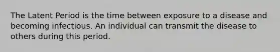 The Latent Period is the time between exposure to a disease and becoming infectious. An individual can transmit the disease to others during this period.