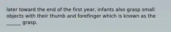 later toward the end of the first year, infants also grasp small objects with their thumb and forefinger which is known as the ______ grasp.