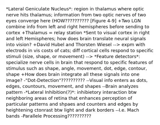 *Lateral Geniculate Nucleus*: region in thalamus where optic nerve hits thalamus; information from two optic nerves of two eyes converge here (HOW?????????? [Figure 4-9] +Two LGN combine info from left and right hemispheres before sending to cortex +Thalamus = relay station *Sent to visual cortex in right and left Hemispheres; how does brain translate neural signals into vision? +David Hubel and Thorsten Wiesel --> expm with electrods in vis costs of cats; diff cortical cells respond to specific stimuli (size, shape, or movement) --> *Feature detectors*: specialize nerve cells in brain that respond to specific features of stimulus such as shape, angle, movement, dot, edge, contour, shape +How does brain integrate all these signals into one image? -"Dot-Detection"?????????? --Visual info enters as dots, edges, countours, movement, and shapes --Brain analyzes pattern -*Lateral Inhibition(?)*: inhibietory interaction btw neighboring areas of retina that enhances perception of particular patterns and shpaes and counters and edges by heightening ctonrast btw light and dark borders --I.e. Mach bands -Parallele Processing??????????