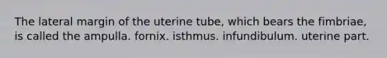 The lateral margin of the uterine tube, which bears the fimbriae, is called the ampulla. fornix. isthmus. infundibulum. uterine part.