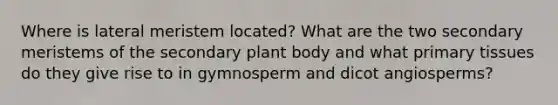 Where is lateral meristem located? What are the two secondary meristems of the secondary <a href='https://www.questionai.com/knowledge/kv6O590eut-plant-body' class='anchor-knowledge'>plant body</a> and what primary tissues do they give rise to in gymnosperm and dicot angiosperms?