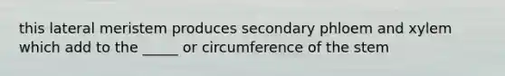 this lateral meristem produces secondary phloem and xylem which add to the _____ or circumference of the stem