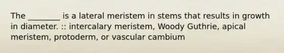 The ________ is a lateral meristem in stems that results in growth in diameter. :: intercalary meristem, Woody Guthrie, apical meristem, protoderm, or vascular cambium