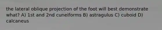 the lateral oblique projection of the foot will best demonstrate what? A) 1st and 2nd cuneiforms B) astragulus C) cuboid D) calcaneus