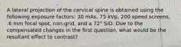 A lateral projection of the cervical spine is obtained using the following exposure factors: 30 mAs, 75 kVp, 200 speed screens, .6 mm focal spot, non-grid, and a 72" SID. Due to the compensated changes in the first question, what would be the resultant effect to contrast?