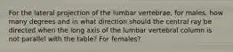 For the lateral projection of the lumbar vertebrae, for males, how many degrees and in what direction should the central ray be directed when the long axis of the lumbar vertebral column is not parallel with the table? For females?