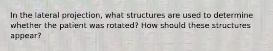 In the lateral projection, what structures are used to determine whether the patient was rotated? How should these structures appear?