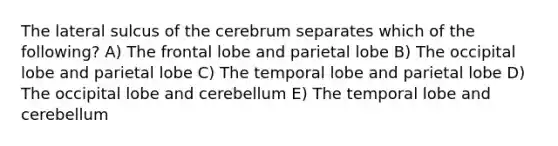 The lateral sulcus of the cerebrum separates which of the following? A) The frontal lobe and parietal lobe B) The occipital lobe and parietal lobe C) The temporal lobe and parietal lobe D) The occipital lobe and cerebellum E) The temporal lobe and cerebellum