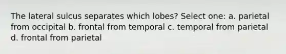 The lateral sulcus separates which lobes? Select one: a. parietal from occipital b. frontal from temporal c. temporal from parietal d. frontal from parietal