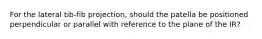 For the lateral tib-fib projection, should the patella be positioned perpendicular or parallel with reference to the plane of the IR?