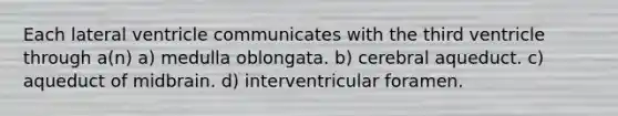 Each lateral ventricle communicates with the third ventricle through a(n) a) medulla oblongata. b) cerebral aqueduct. c) aqueduct of midbrain. d) interventricular foramen.