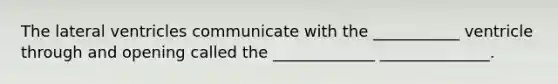 The lateral ventricles communicate with the ___________ ventricle through and opening called the _____________ ______________.