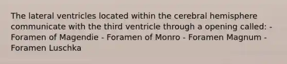 The lateral ventricles located within the cerebral hemisphere communicate with the third ventricle through a opening called: - Foramen of Magendie - Foramen of Monro - Foramen Magnum - Foramen Luschka