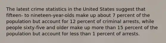 The latest crime statistics in the United States suggest that fifteen- to nineteen-year-olds make up about 7 percent of the population but account for 12 percent of criminal arrests, while people sixty-five and older make up more than 15 percent of the population but account for less than 1 percent of arrests.