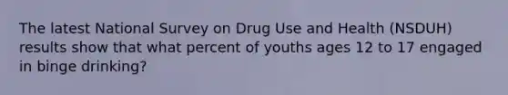 The latest National Survey on Drug Use and Health (NSDUH) results show that what percent of youths ages 12 to 17 engaged in binge drinking?