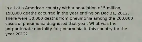 In a Latin American country with a population of 5 million, 150,000 deaths occurred in the year ending on Dec 31, 2012. There were 30,000 deaths from pneumonia among the 200,000 cases of pneumonia diagnosed that year. What was the porportionate mortality for pneumonia in this country for the year 2012?