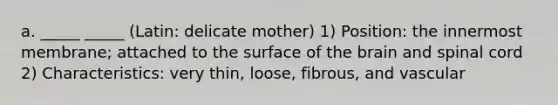 a. _____ _____ (Latin: delicate mother) 1) Position: the innermost membrane; attached to the surface of <a href='https://www.questionai.com/knowledge/kLMtJeqKp6-the-brain' class='anchor-knowledge'>the brain</a> and spinal cord 2) Characteristics: very thin, loose, fibrous, and vascular