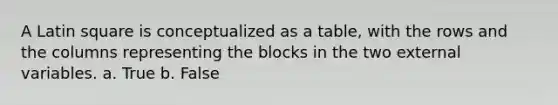 A Latin square is conceptualized as a table, with the rows and the columns representing the blocks in the two external variables. a. True b. False