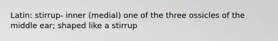 Latin: stirrup- inner (medial) one of the three ossicles of the middle ear; shaped like a stirrup