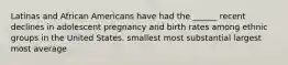 Latinas and African Americans have had the ______ recent declines in adolescent pregnancy and birth rates among ethnic groups in the United States. smallest most substantial largest most average