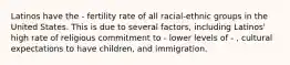 Latinos have the - fertility rate of all racial-ethnic groups in the United States. This is due to several factors, including Latinos' high rate of religious commitment to - lower levels of - , cultural expectations to have children, and immigration.